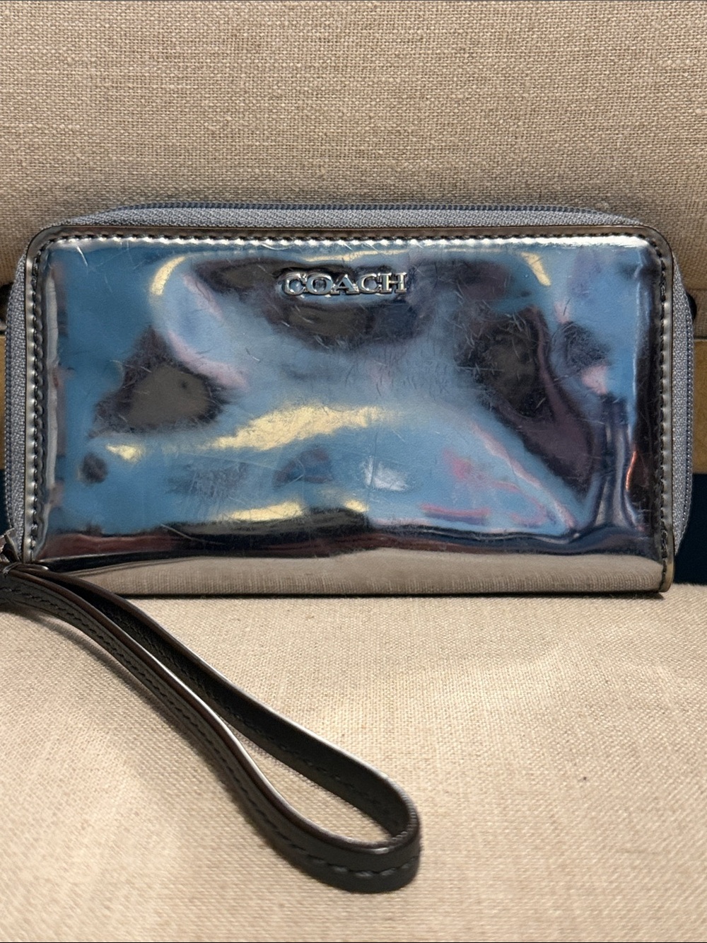 Coach Iridescent Metallic Wristlet in Silver-Blue Sheen